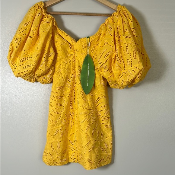 Farm Rio Monstera Yellow Eyelet Puff Sleeve Mini Dress - Picture 2 of 12